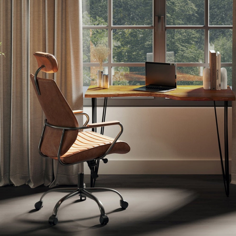 Executive Chair Saddle Tan Ribbed Upholstery Industrial Office Seating