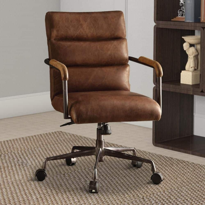 Executive Chair Tobacco Brown Ribbed Leather Antique Metal Frame