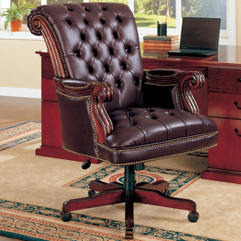 Executive Chair Traditional Button Tufted High Back Wood Base