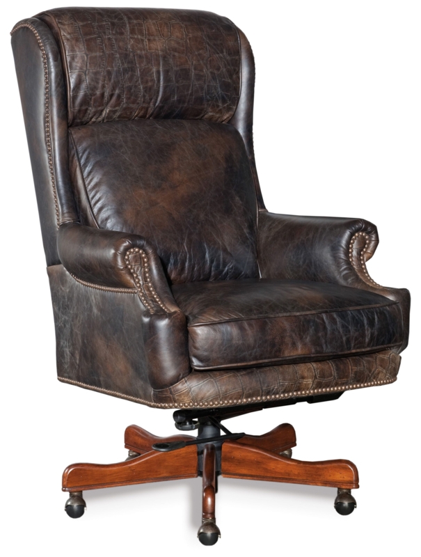 Executive Chair: Traditional Style, Chocolate Brown Leather-Like, Wood Arms.