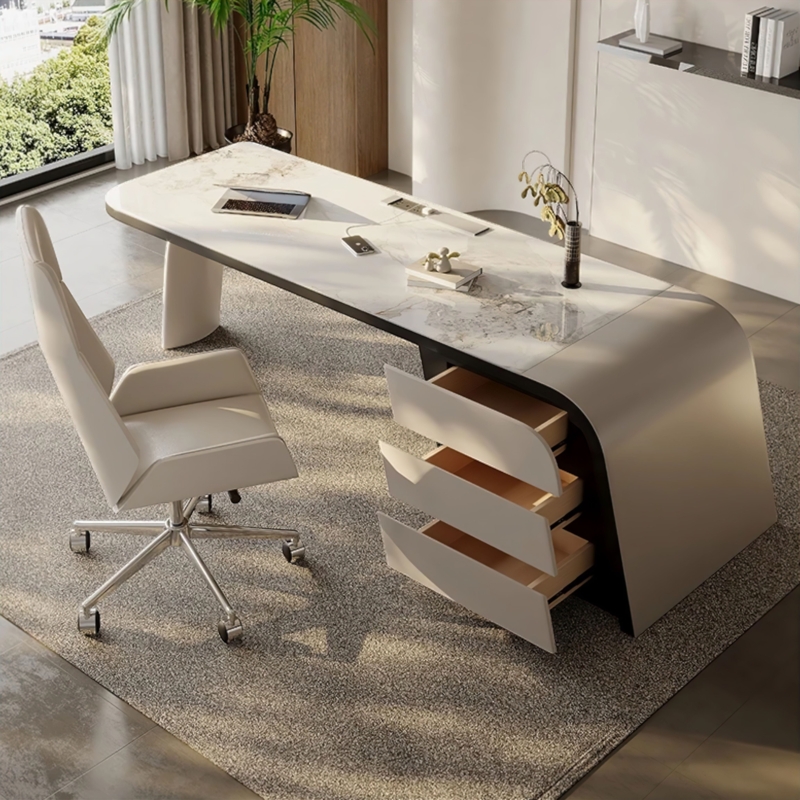Executive Desk Asymmetrical Silhouette With Fluted Pedestal Base