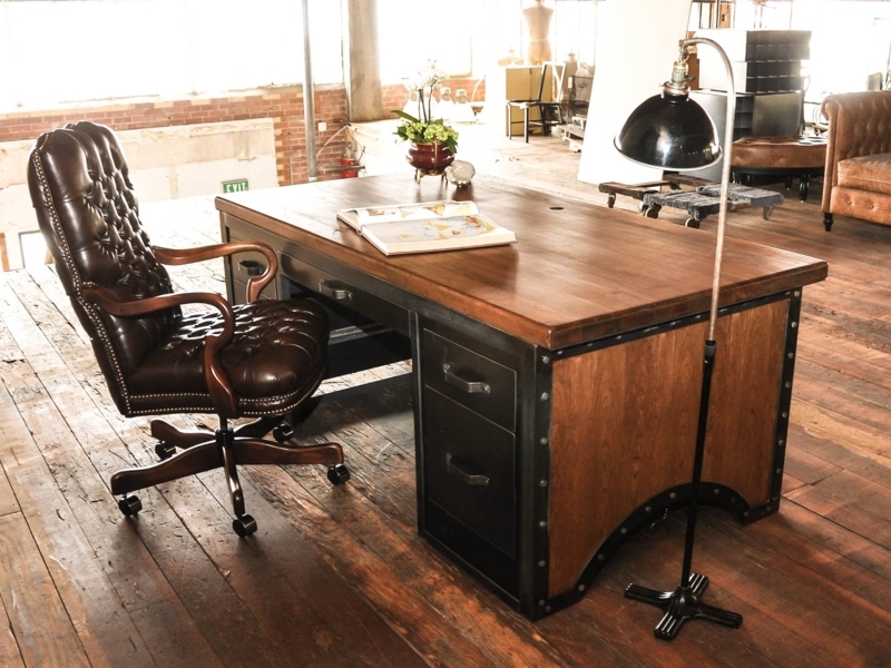 Executive Desk Aviator Style Riveted Metal Base Reclaimed Wood Surface