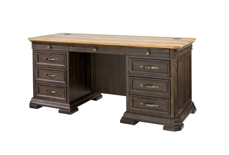 Executive Desk Brown Wood Plank Top Double Pedestal