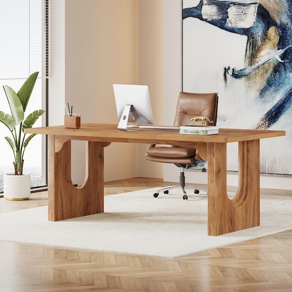 Executive Desk Brown Wood Slatted Pedestal Base Ribbed Texture 71 Inch