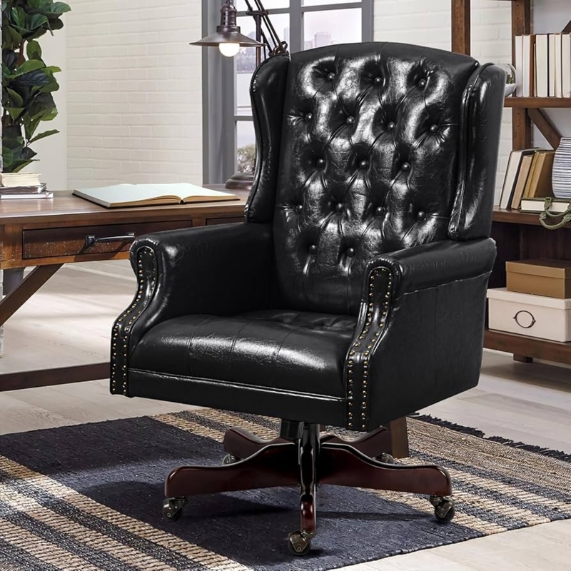 Executive Desk Chair: Black Wingback Tufted Swivel Chrome Base