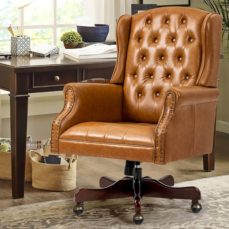 Executive Desk Chair: Brown Wingback with Chrome Base & Nailhead Trim
