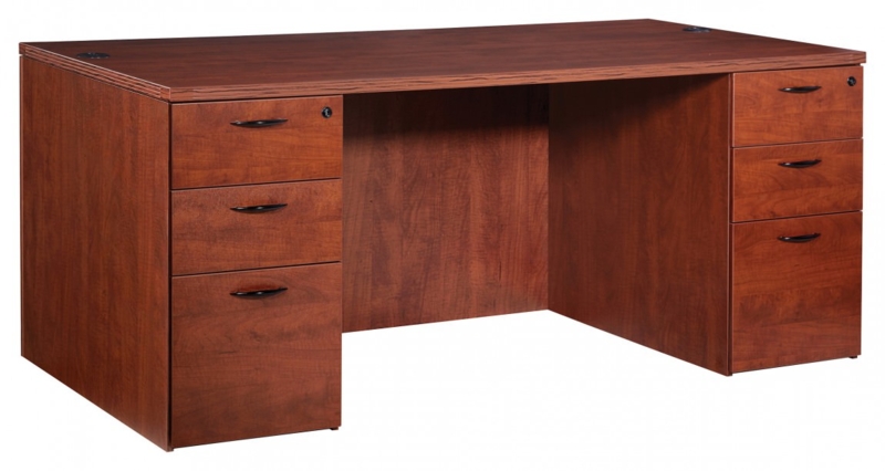 Executive Desk Cherry Finish Stepped Modesty Panel Silver Pulls