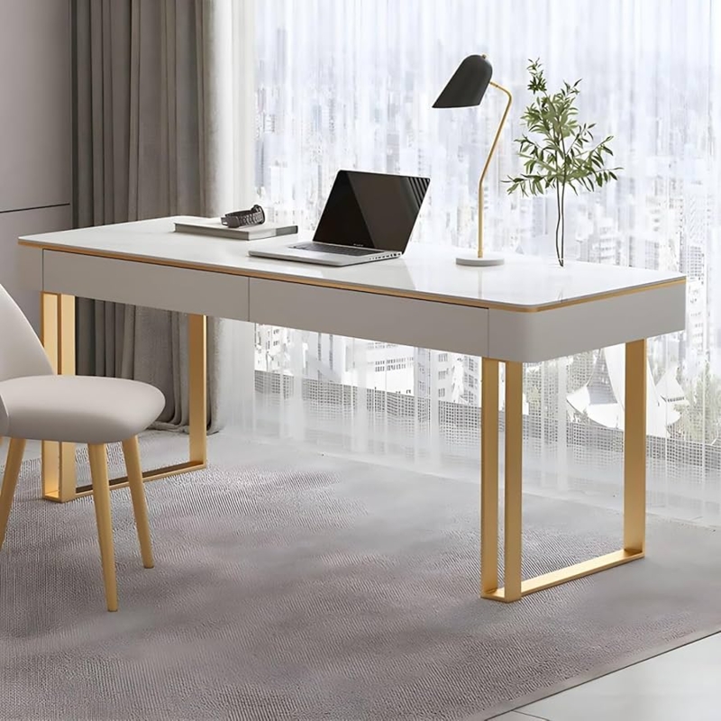 Executive Desk, Contrasting Drawers, Matte Black Frame, Modern Marble Top