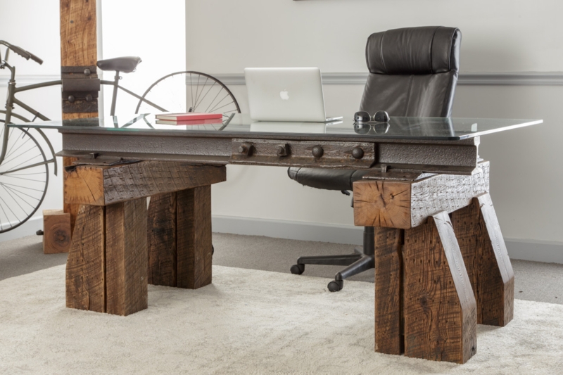 Executive Desk Custom Railroad Track Legs with Thick Wood Slabs