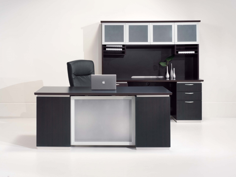 Executive Desk Dark Espresso U-Shaped Layout Silver Pulls Credenza