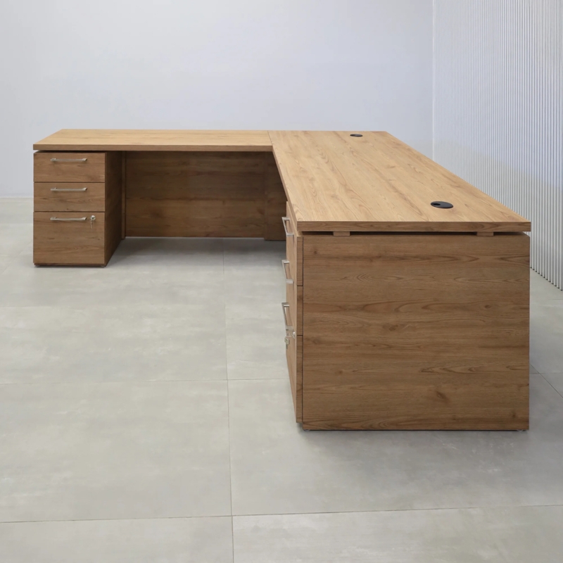Executive Desk Dark Walnut L-Shaped Storage Cabinet Thick Top