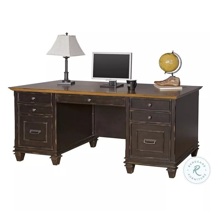 Executive Desk Distressed Black Finish Recessed Panels Traditional