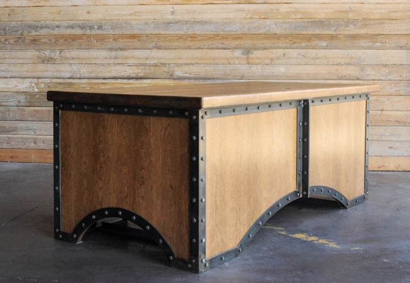 Executive Desk Distressed Wood Seven Drawers Metal Piping Frame Vintage