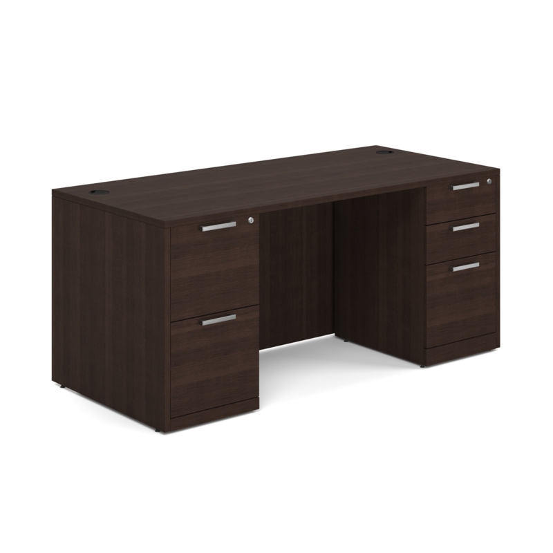 Executive Desk Double Full Pedestal Reddish Brown Silver Hardware