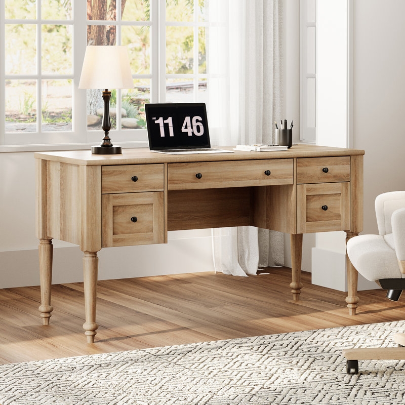 Executive Desk Farmhouse Turned Legs 5 Drawers Built In Charging
