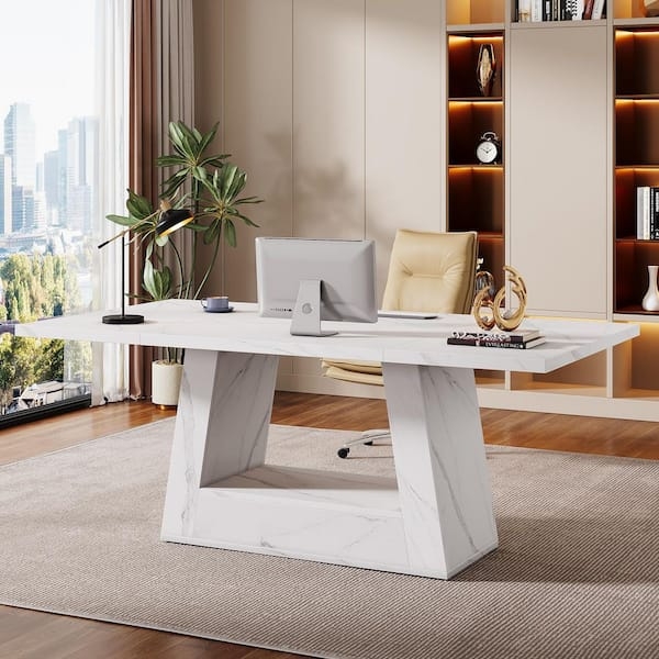 Executive Desk Faux Marble Top Grey Pedestal Base Modern Office