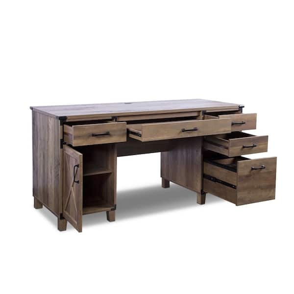 Executive Desk Five Drawers Pedestal Base Brown Wood Classic Workspace