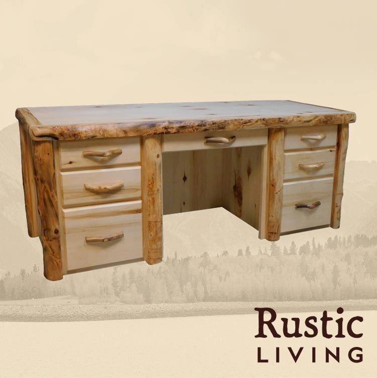 Executive Desk Flat Front Drawers Gnarly Log Legs Cabin