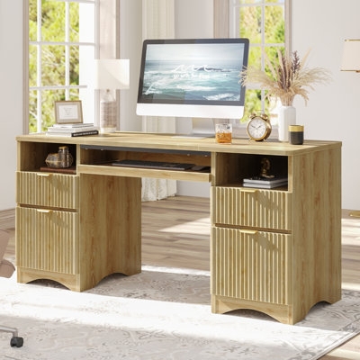 Executive Desk Fluted Side Panels Gold Leg Caps Integrated Storage