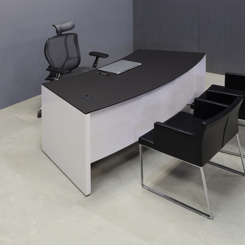 Executive Desk Glossy White Base Stone Like Top Curved Modern