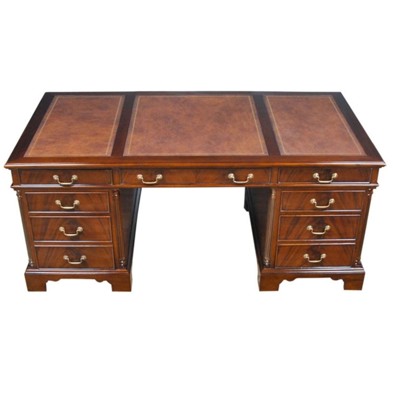 Executive Desk Gold Tooled Leather Inlay Pedestal Base Classic