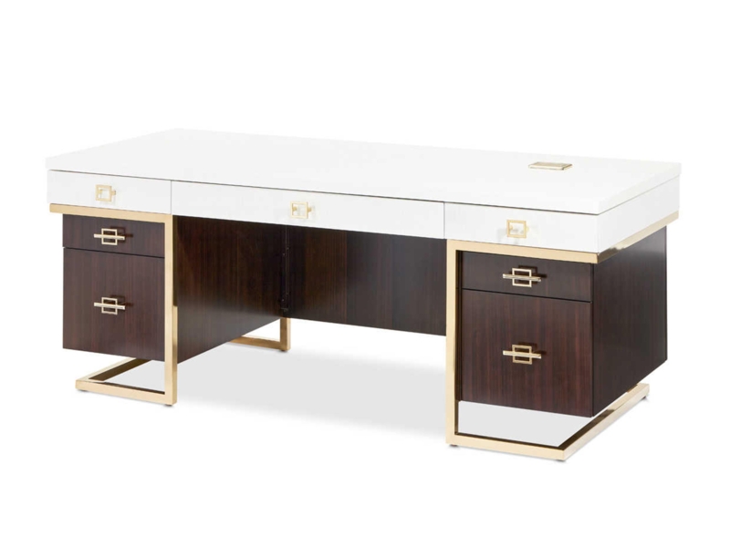 Executive Desk Gold Trestle Base Espresso Poplar Top Glam Contemporary