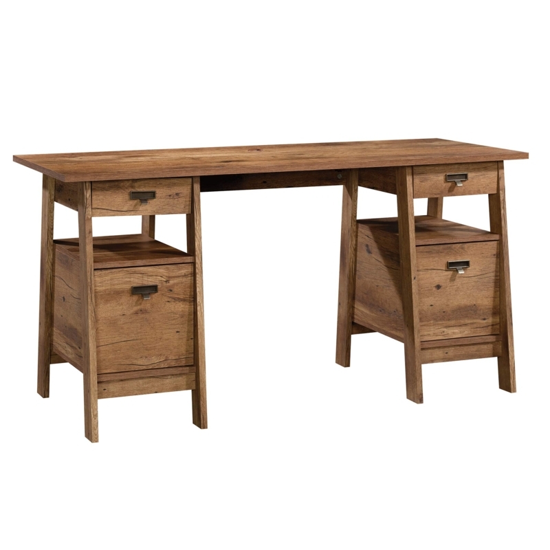 Executive Desk in Vintage Oak Finish with Trestle Base and Storage