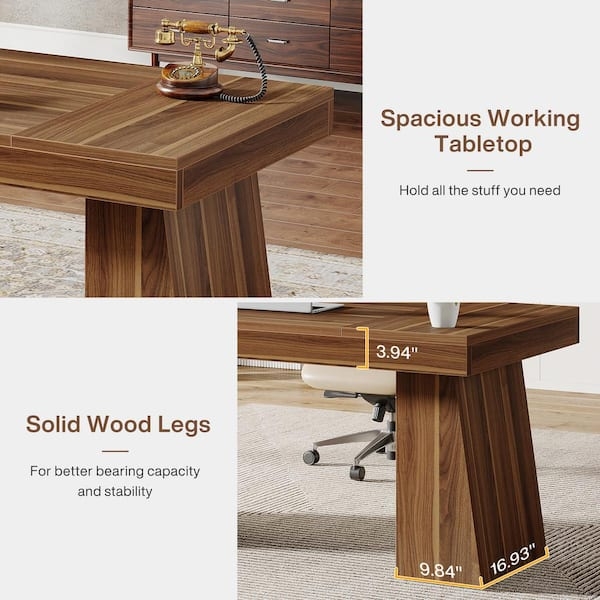 Executive Desk Industrial Modern Wood Top Black Trapezoid Base