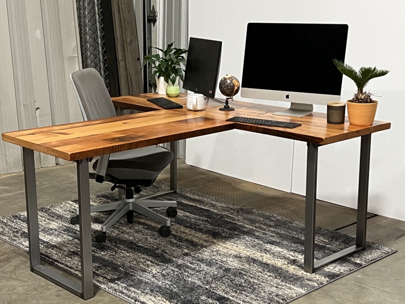 Executive Desk Industrial Reclaimed Wood Look Thick Top Steel