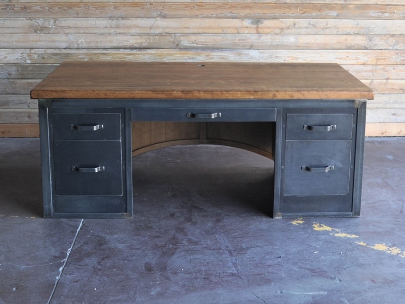 Executive Desk Integrated Filing Cabinet Charcoal Metal Vintage Wood