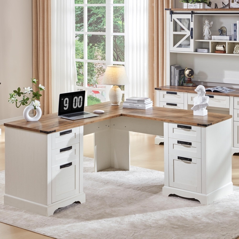 Executive Desk L-Shaped Farmhouse Design Built-In Charging Station