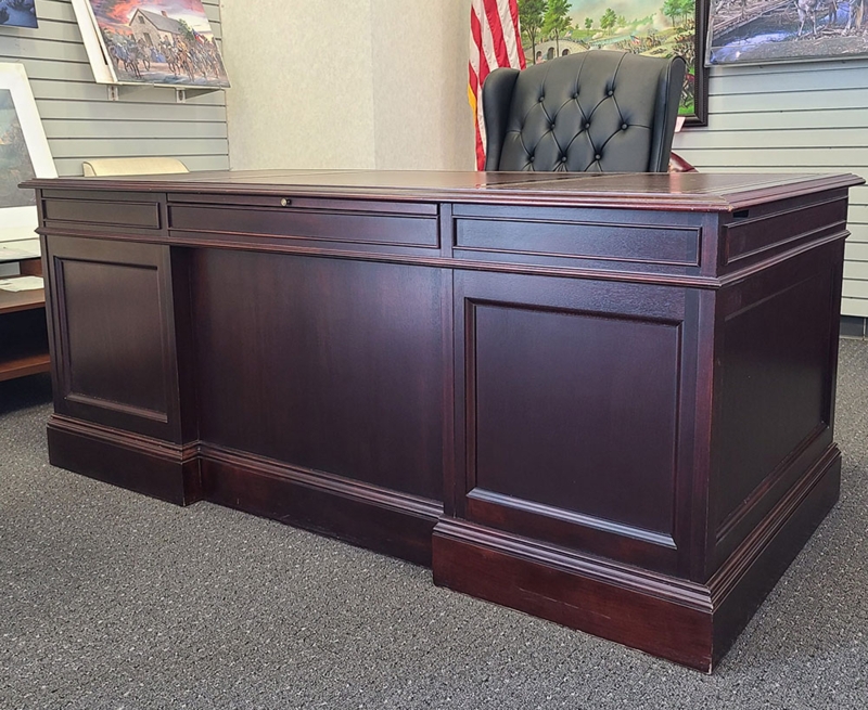 Executive Desk Leather Like Inset Top Gold Inlay Pedestal Base