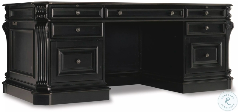 Executive Desk, Leather-Like Top Panels, Distressed Finish