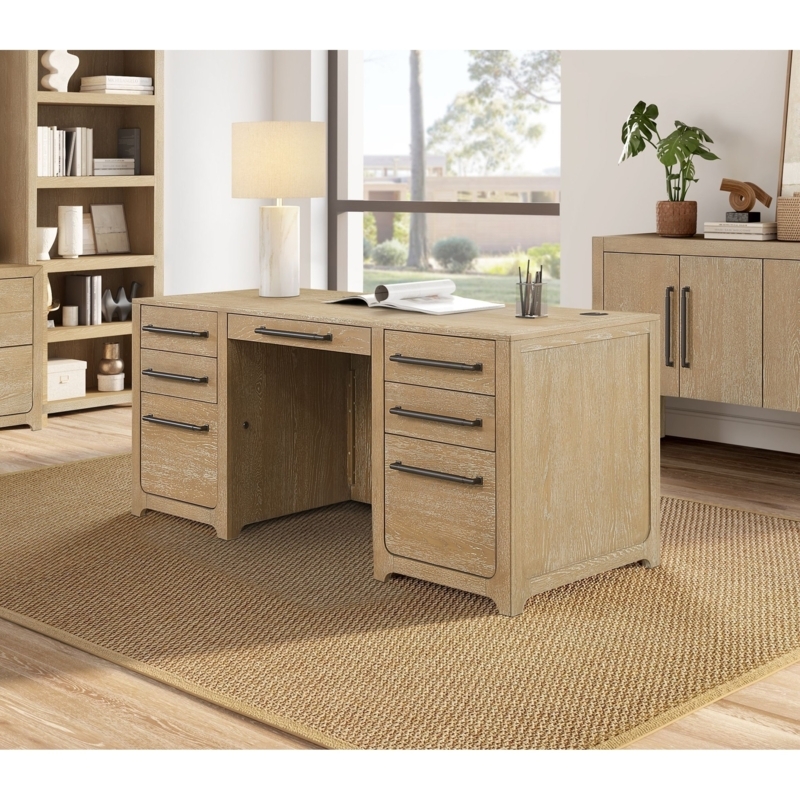 Executive Desk Light Brown Handle-less Drawers Block Base