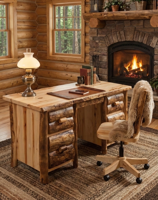 Executive Desk Live Edge Log Posts Branch Pulls Natural Bark