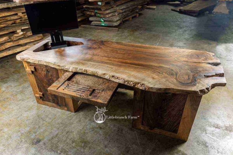 Executive Desk Live Edge Slab Top Rustic Pedestal Base Natural Wood