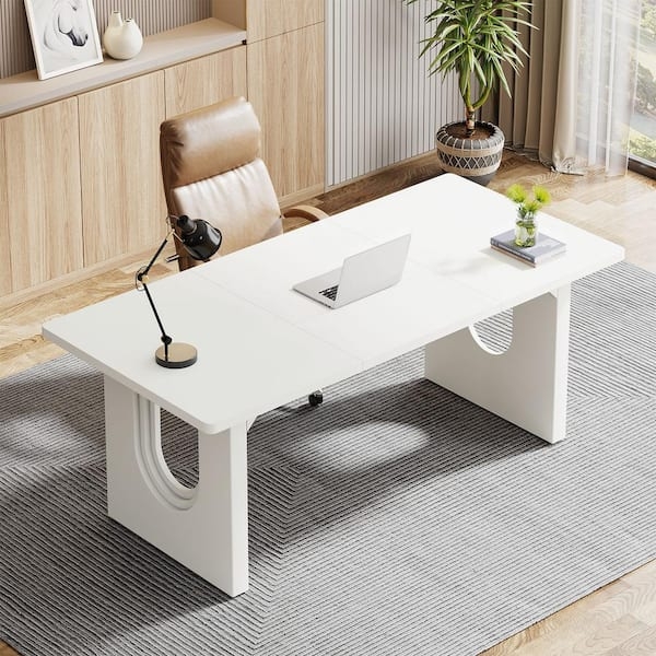 Executive Desk Matte White Finish Thick Pedestal Base Modern Minimalist