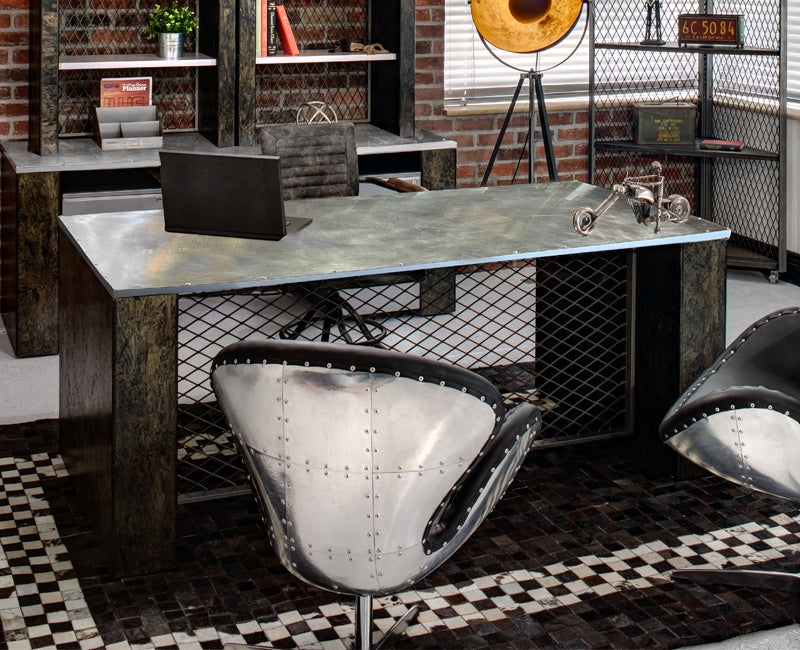 Executive Desk Metallic Aviator Style with Riveted Aluminum Panels