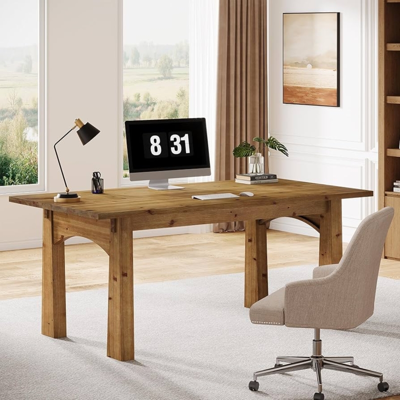 Executive Desk Modern Farmhouse Chunky Timber Legs Warm Brown