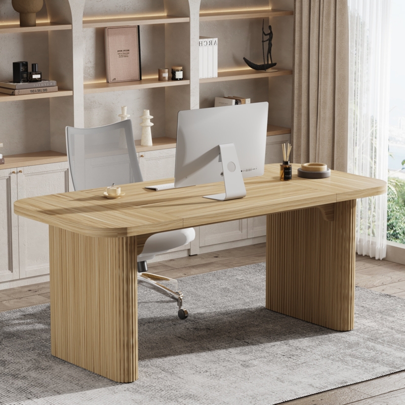 Executive Desk Modern Minimalist Dark Walnut Thick Profile Slab Legs