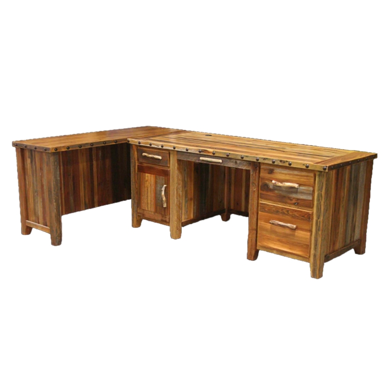 Executive Desk Nailhead Trim Barnwood Look Left Return L-Shaped