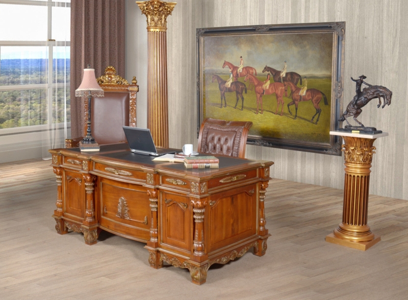 Executive Desk Panelled Front Ornate Carvings Mahogany Classical