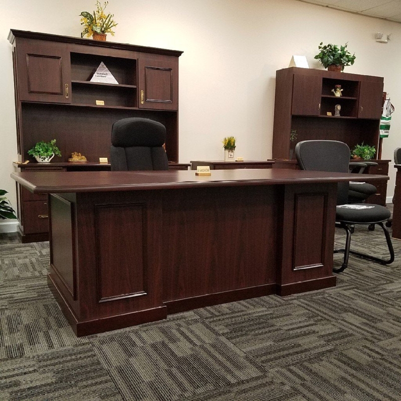 Executive Desk Raised Panels Pedestal Base Reddish Brown Finish