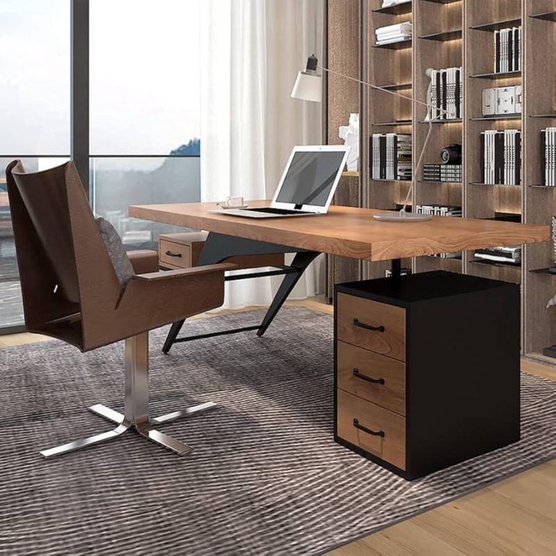 Executive Desk Rounded Corners Integrated Drawers Dark Brown Wood