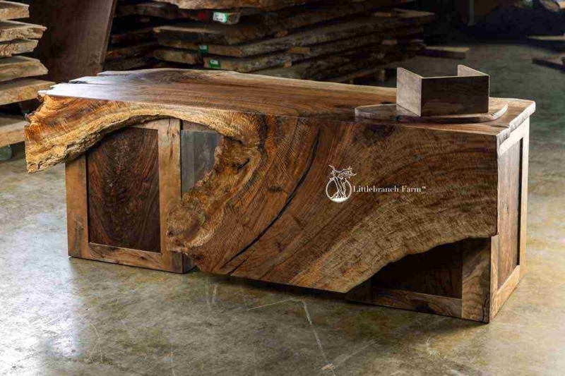 Executive Desk Rustic Live Edge Wood Slab With Block Pedestals