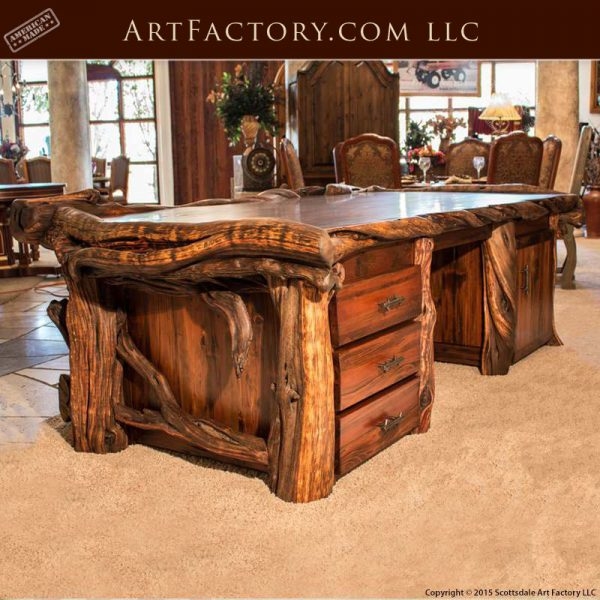Executive Desk Rustic Log Style Live Edge Hand Carved Panels Lodge