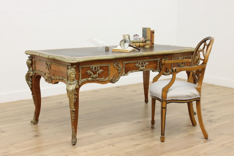 Executive Desk Sculptural Ormolu Mounts Baroque Style Dark Wood