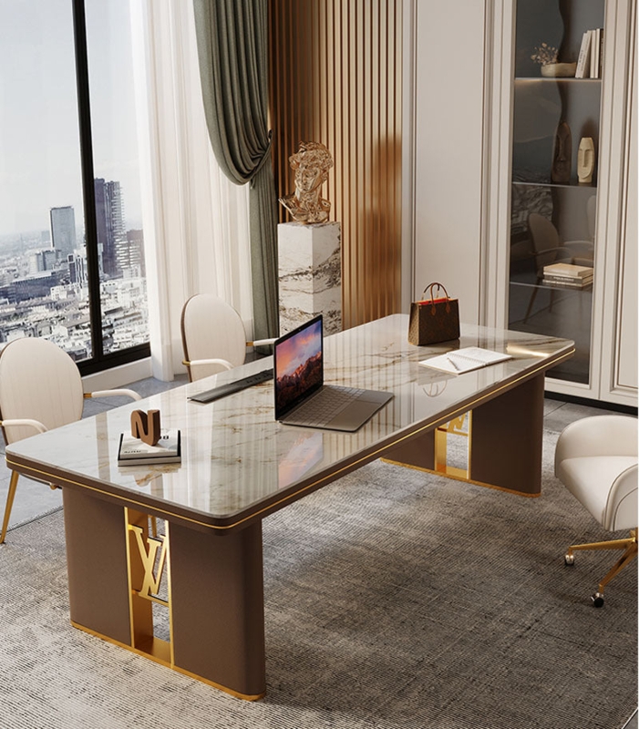 Executive Desk Slatted Wood Pedestal Thick White Stone Top Modern Design