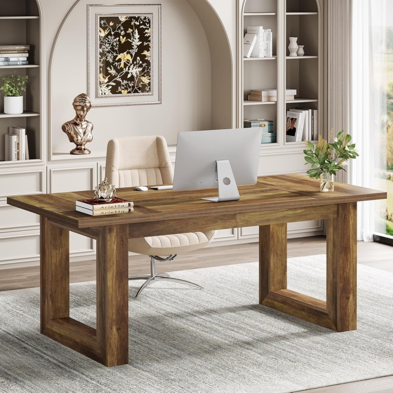 Executive Desk Thick Block Legs Rustic Brown Finish Industrial Style