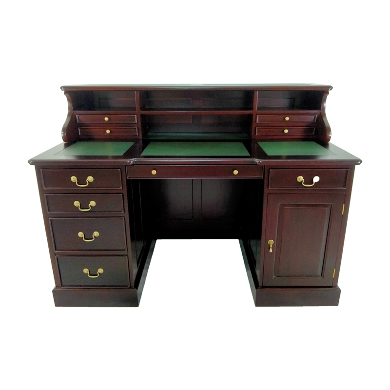 Executive Desk Three Panel Leather Top Gold Tooling Pedestal Base